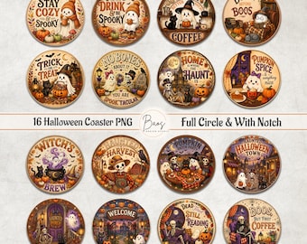 Halloween Round Coaster PNG Bundle, Vintage Halloween Coaster, Spooky Halloween Car Coaster, Fall Coffee Coaster, Halloween Digital Download