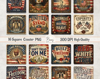 USA 250th Anniversary Coaster PNG Bundle, Patriotic Square Coaster Sublimation Designs, 1776-2026 America Digital Download