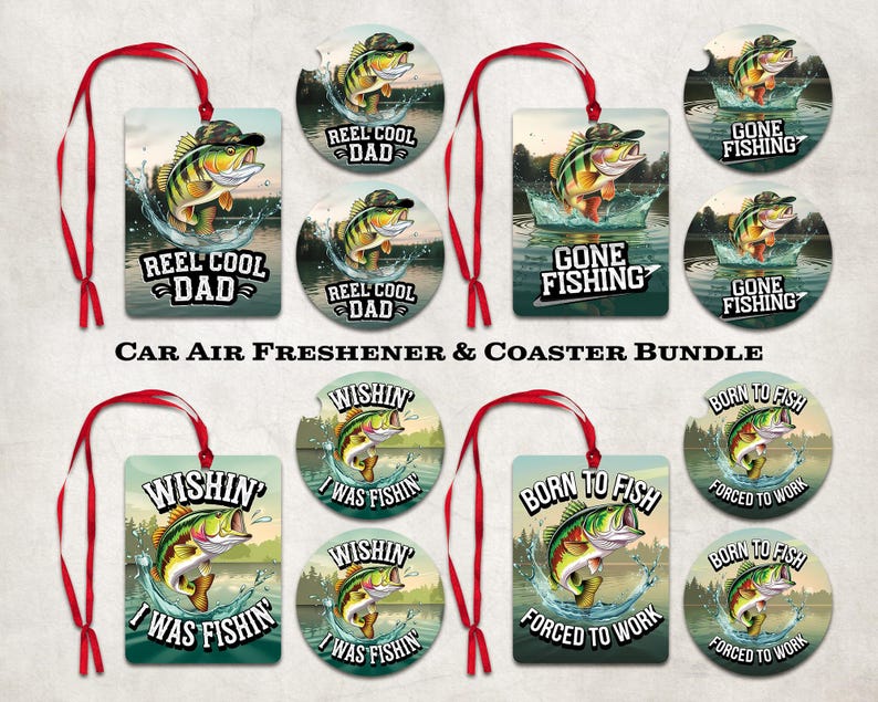 Fishing Car Air Freshener Car Coaster PNG Sublimation Set, Gone Fishing