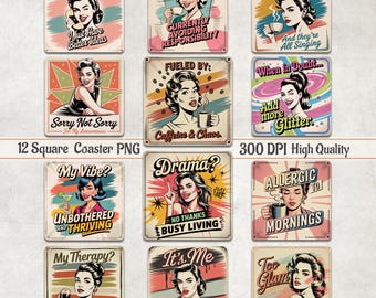 Sarcastic Qoutes Square Coaster Bundle, Retro Woman Coaster Sublimation, Sassy Square Coaster PNG, Adult Humor Square PNG, Funny Magnets PNG