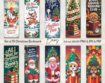 May include: Set of 10 Christmas bookmarks with various festive designs. Each bookmark features holiday-themed illustrations, including a snowman in a mug, reindeer, Santa Claus, and a cat in a gift box. The bookmarks are 2x6 inches.