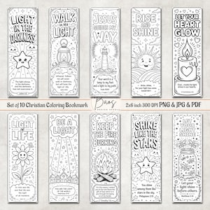 Christian Coloring Bookmarks for Kids, Printable Bible Verse Bookmarks, VBS Illumination Theme Activity, Sunday School Craft Church Activity