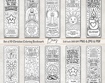 Christian Coloring Bookmarks for Kids, Printable Bible Verse Bookmarks, VBS Illumination Theme Activity, Sunday School Craft Church Activity