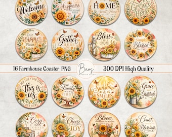 Farmhouse Sunflower Coaster PNG Bundle, Positive Quote Car Coaster, Home Sweet Home Sublimation, Housewarming PNG, Wildflower Keychain PNG