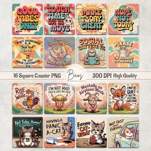 Funny Animal Square Coaster Bundle, Sarcasm Square Coaster Sublimation PNG, Sarcastic Square Coaster Design, Sarcastic Keychain Square PNG