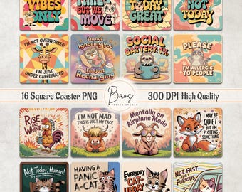 Funny Animal Square Coaster Bundle, Sarcasm Square Coaster Sublimation PNG, Sarcastic Square Coaster Design, Sarcastic Keychain Square PNG