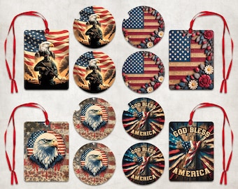 Patriotic Car Coaster Air Freshener Sublimation Set, 4th of July Car Coaster PNG, American Flag Cardstock, God Bless America Air Freshie PNG
