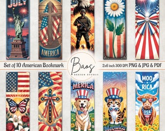 American Printable Bookmark, Patriotic Bookmark Sublimation PNG, 4th of July Bookmark Sheet, American Flag Bookmark Print and Cut Download