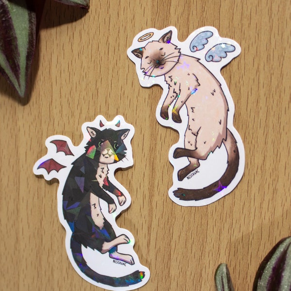 Demon Cat / Angel Cat Holographic Waterproof Vinyl Sticker | Tuxedo Cat Sticker and Siamese Cat Sticker