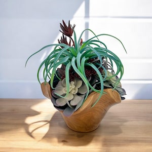 Succulent Design in Wavy Wood Vase | Faux Flowers Floral Arrangement | Wedding Centerpiece | Tabletop and Bedroom Flowers