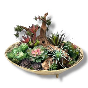 Succulent Design in Gold Circular Textured Metal Vase | One-of-a-Kind Faux Arrangement | Unique Succulent Plants for Tabletop Decor |