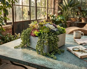 Handcrafted Faux Succulent Arrangement | Modern Fiberglass Vase, Gray Textured Decor