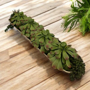 Succulent Design in Gold Long Elongated Metal Vase | Faux Succulent and Floral Arrangement | Arranged Succulents for Table Centerpiece and