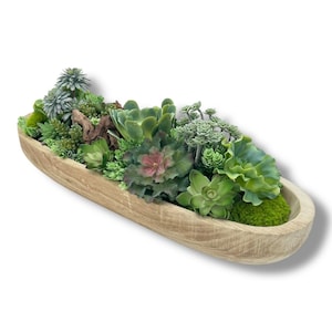 Succulent Design in Natural Elongated Wood Vase | Faux Succulent and Floral Arrangement | Arranged Succulents for Table Centerpiece and