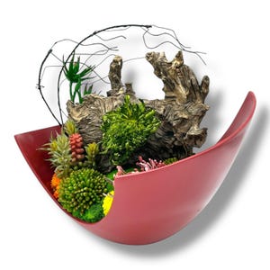 Succulent Design in Red Abstract Metal Vase | One-of-a-Kind Faux Arrangement | Unique Succulent Plants for Tabletop Decor | Artificial