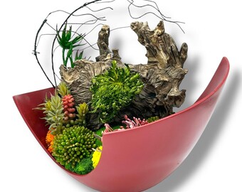 Faux Succulent Arrangement: Red Metal Vase, Driftwood Accent