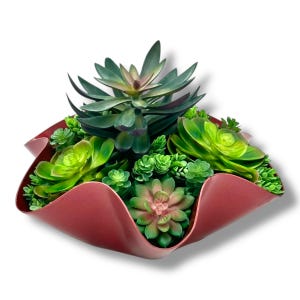 Succulent Design in Deep Red Wavy Metal Vase | Large Faux Arrangement Floral Decor | Personalized Housewarming Gifts for Succulent Lovers