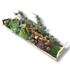 Succulent Design in Gold Long Rectangular Metal Vase | Faux Succulent and Floral Arrangement | Arranged Succulents for Table Centerpiece and