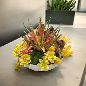 Succulent design in white round clay vase | Colorful Faux Succulent Arrangement | Large Succulent Plants | Unique Floral Centerpiece