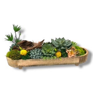 Succulent Design in Varnished Elongated Wood Vase | Faux Succulent and Floral Arrangement | Arranged Succulents for Table Centerpiece and