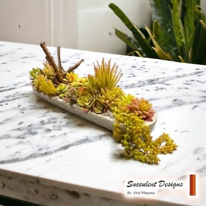 Succulent design in white long wood vase | Faux Succulent Floral Arrangement for Desk or Living Room Decor | Centerpiece Flowers