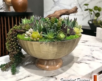Faux Succulent Arrangement: Gold Metal & Wood Vase, Tabletop Decor