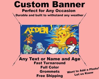 Striscione di compleanno personalizzato PocketMonster / Nome ed età personalizzati / Vinile PVC di alta qualità da 13 once / Per uso interno ed esterno