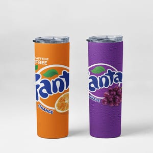 May include: Two insulated tumblers, one orange with "Fanta Orange" and a slice of orange, the other purple with "Fanta Grape" and a cluster of grapes. Both have clear lids and are caffeine-free.