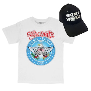 May include: A white t-shirt featuring the Aerosmith band logo with an eagle graphic and the words "Aero Force One." A black baseball cap with the text "Wayne's World" and a globe graphic is also shown.