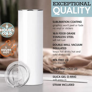 May include: A white, double-walled, vacuum-insulated tumbler with a clear lid and straw. The tumbler is made of stainless steel and is designed to keep drinks hot for 3 hours and cold for 9 hours. The text "EXCEPTIONAL QUALITY" is at the top.