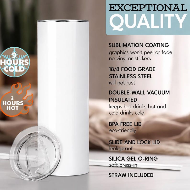 May include: A white, double-walled, vacuum-insulated tumbler with a clear lid and straw. The tumbler is made of stainless steel and is designed to keep drinks hot for 3 hours and cold for 9 hours. The text "EXCEPTIONAL QUALITY" is at the top.