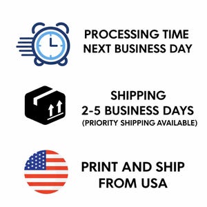 May include: Image with text indicating processing time, shipping time, and origin. The text states "PROCESSING TIME NEXT BUSINESS DAY", "SHIPPING 2-5 BUSINESS DAYS", and "PRINT AND SHIP FROM USA".