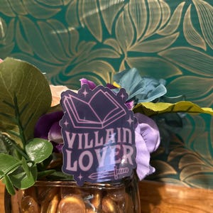 Puede incluir: Una pegatina rosa y morada con un libro abierto, una espada y el texto "Villain Lover". La pegatina est&aacute; en un jarr&oacute;n de vidrio lleno de piedras de vidrio doradas.
