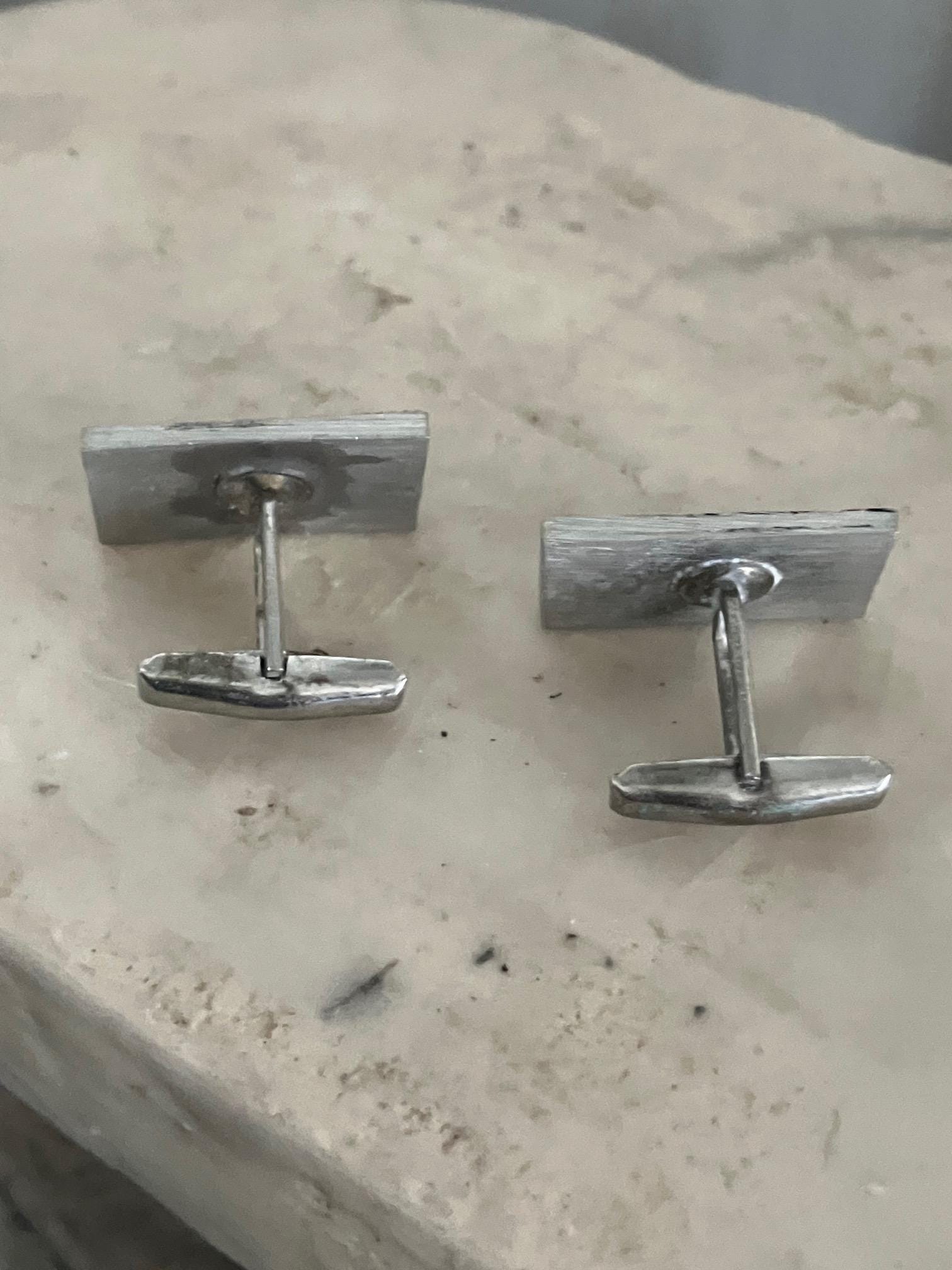 Boutons De Manchette Vintage EMJ En Métal Argenté - État Excellent, Ovale, Pour Costume