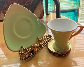 VINTAGE Brass Ornate CUPID and SCROLLS Cup and Saucer Holder - perfect for display, Kitchen, Den, Dining