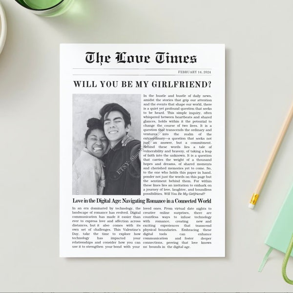 Will You Be My Girlfriend Newspaper Love Times | Cupid Post Viral TikTok Customizable Personalized Cute 2024 Trend Gift Flowers Printable