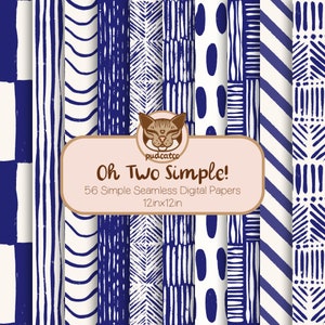 Puede incluir: Una colección de 56 papeles digitales sin costuras con varios patrones en azul marino y blanco. Los patrones incluyen rayas, puntos y formas geométricas. El texto en la imagen dice "Oh Two Simple!" y "12in x 12in", que son aproximadamente 30,5 cm x 30,5 cm.