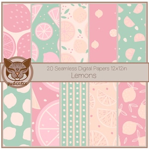 Zachte pastelcitroenen, naadloos digitaal papier, herhalende citroenpatronen, digitale achtergronden en scrapbooking, 20 roze en groene fruitontwerpen