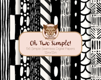 56 Simple Seamless Digital Papers, Printable Black and White Repeating Patterns, Commercial Use, Textured lines, Classic Boho, Geometric