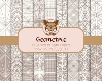 18 Hand-Drawn Geometric Designs, Stone Grey and White Seamless Digital Paper, Repeating Geo Pattern, Digital Backgrounds, Scrapbooking