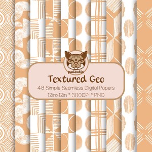 Puede incluir: Conjunto de ocho patrones de papel digital con formas geométricas en beige y blanco. Los patrones son sin costuras y se pueden usar para scrapbooking, creación de tarjetas y otros proyectos de manualidades. El texto "Textured Geo" se muestra en una pancarta rosa.