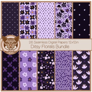 26 moderne Ditsy-Blumenmuster, stimmungsvolles Schwarz und Violett, nahtloses digitales Papier, sich wiederholendes Blumenmuster, digitale Hintergründe, Scrapbooking