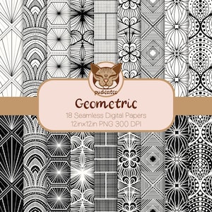 18 disegni geometrici disegnati a mano, carta digitale senza cuciture in bianco e nero, motivi geografici ripetuti, sfondi digitali, scrapbooking