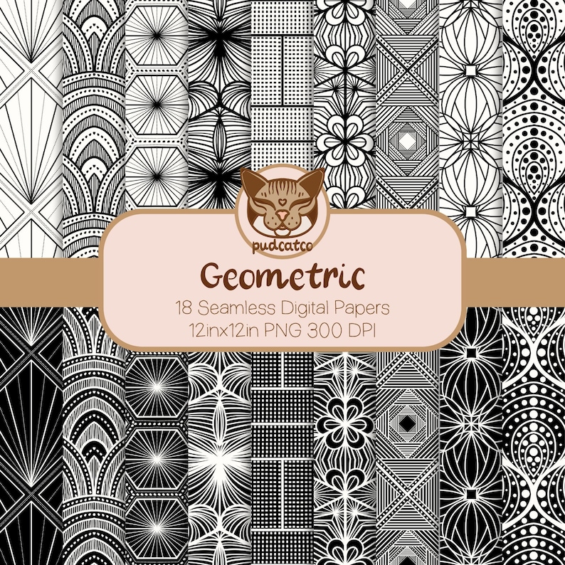 May include: Set of 18 black and white geometric digital papers. Each paper features a different pattern with a seamless design. The papers are 12 inches by 12 inches and 300 DPI.