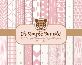 106 Simple Seamless Digital Paper Bundle, Printable Pastel Pink and White Repeating Patterns, Commercial Use, Classic Boho, Geometric