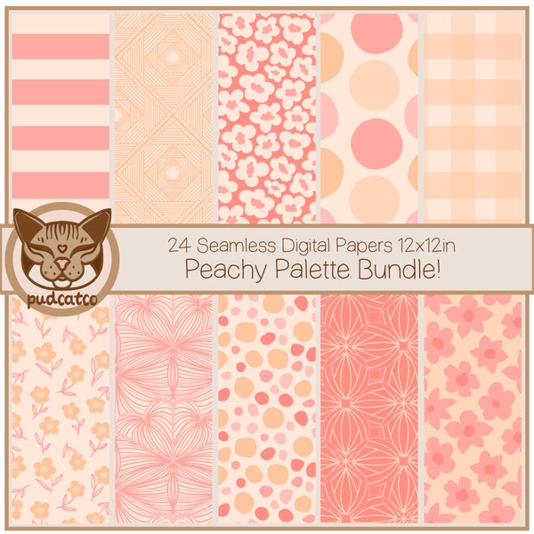 Cute Peachy Seamless Digital Paper Bundle, 24 Unique Patterns, Ditsy Florals, Polka Dots, Spots, Geometric, Stripes and Lines, Peach tones