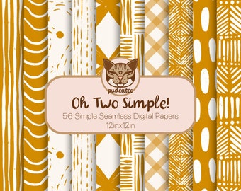 56 Simple Seamless Digital Papers, Printable Mustard Yellow and White Repeating Patterns, Commercial Use, Textured lines, Vintage Geometric