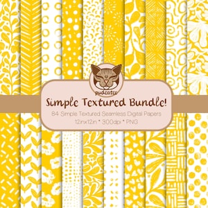 Simple Textured Digital Paper Bundle, 84 Printable Bright Yellow and White Repeating Patterns, Commercial Use, Classic Seamless Designs