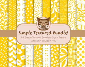 Simple Textured Digital Paper Bundle, 84 Printable Bright Yellow and White Repeating Patterns, Commercial Use, Classic Seamless Designs