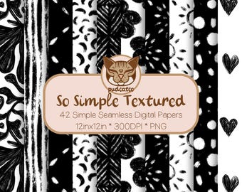 42 Simple Textured Seamless Digital Papers, Printable Black and White Repeating Patterns, Commercial Use, Classic Designs, Cute Botanicals